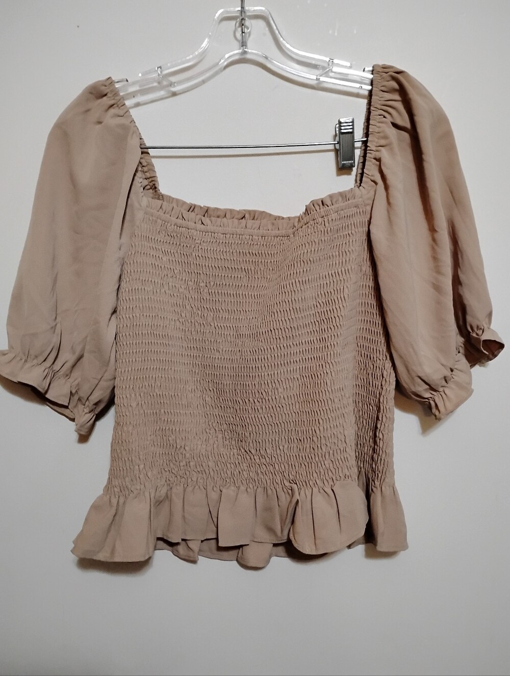 Unbranded Tan Smocked Puff Sleeve Women’s Polyester Top - Taupe Square Neck M